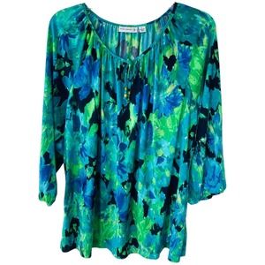 Susan Graver Size L Green abstract print babydoll top